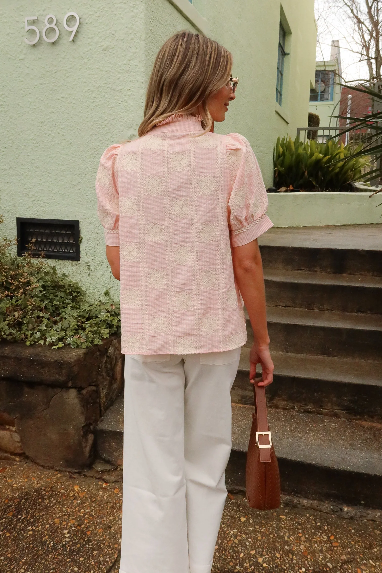 Millie Pink Gingham & Crochet Ruffled Top - Image 4