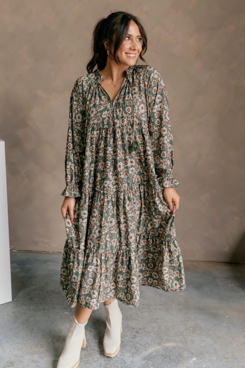 Millie Green Floral Long Sleeve Midi Dress