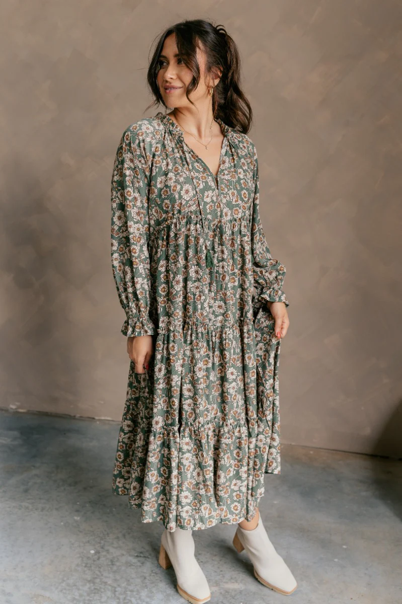 Millie Green Floral Long Sleeve Midi Dress - Image 2