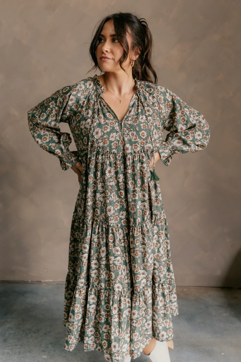 Millie Green Floral Long Sleeve Midi Dress - Image 3
