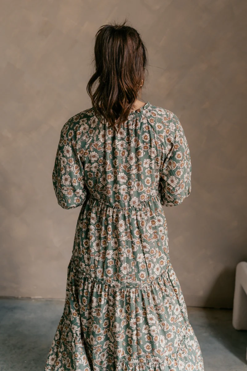 Millie Green Floral Long Sleeve Midi Dress - Image 4