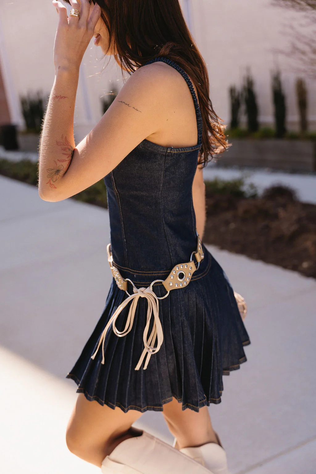 Mira Dark Denim Pleated Mini Dress - Image 3