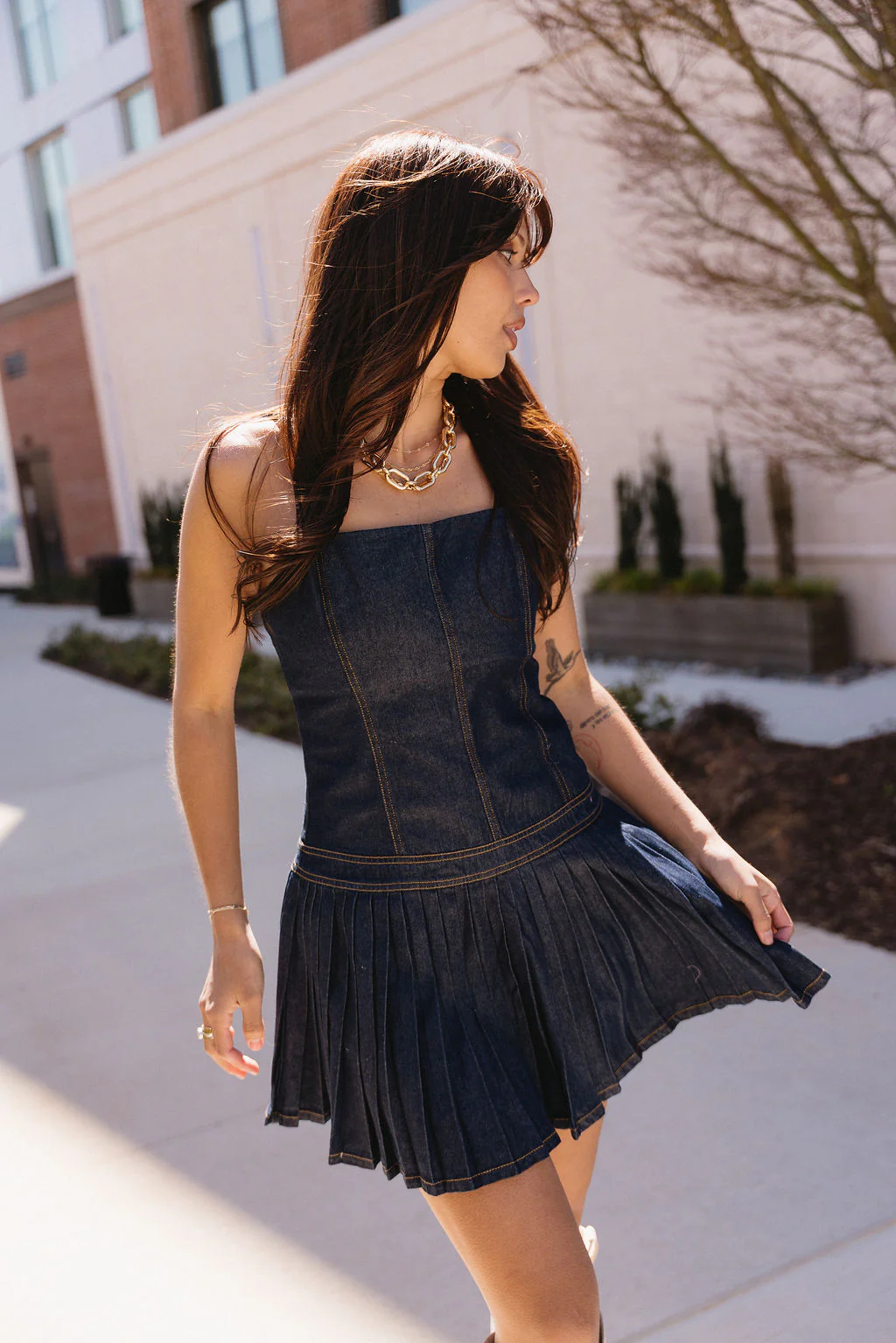 Mira Dark Denim Pleated Mini Dress - Image 5