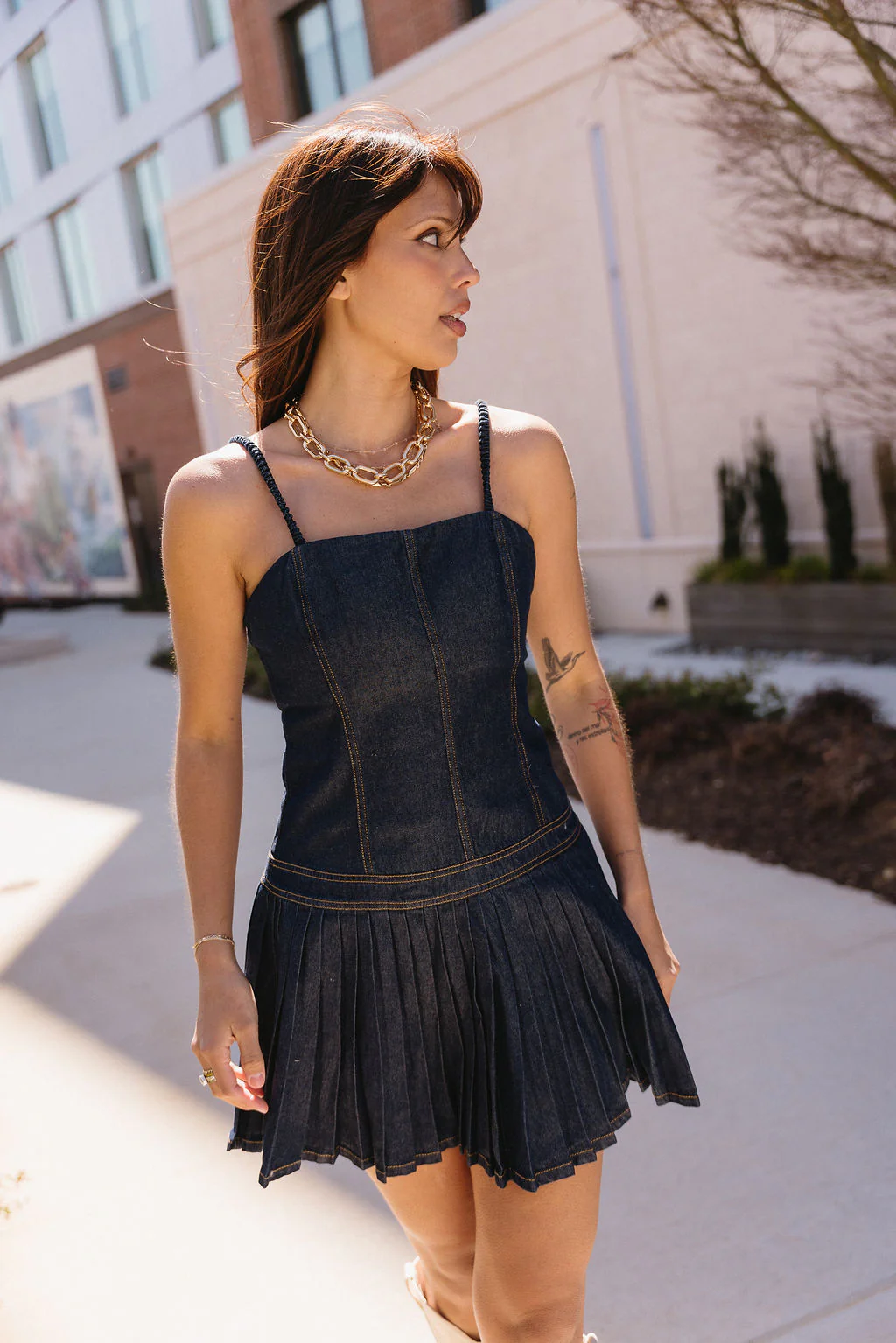 Mira Dark Denim Pleated Mini Dress - Image 6