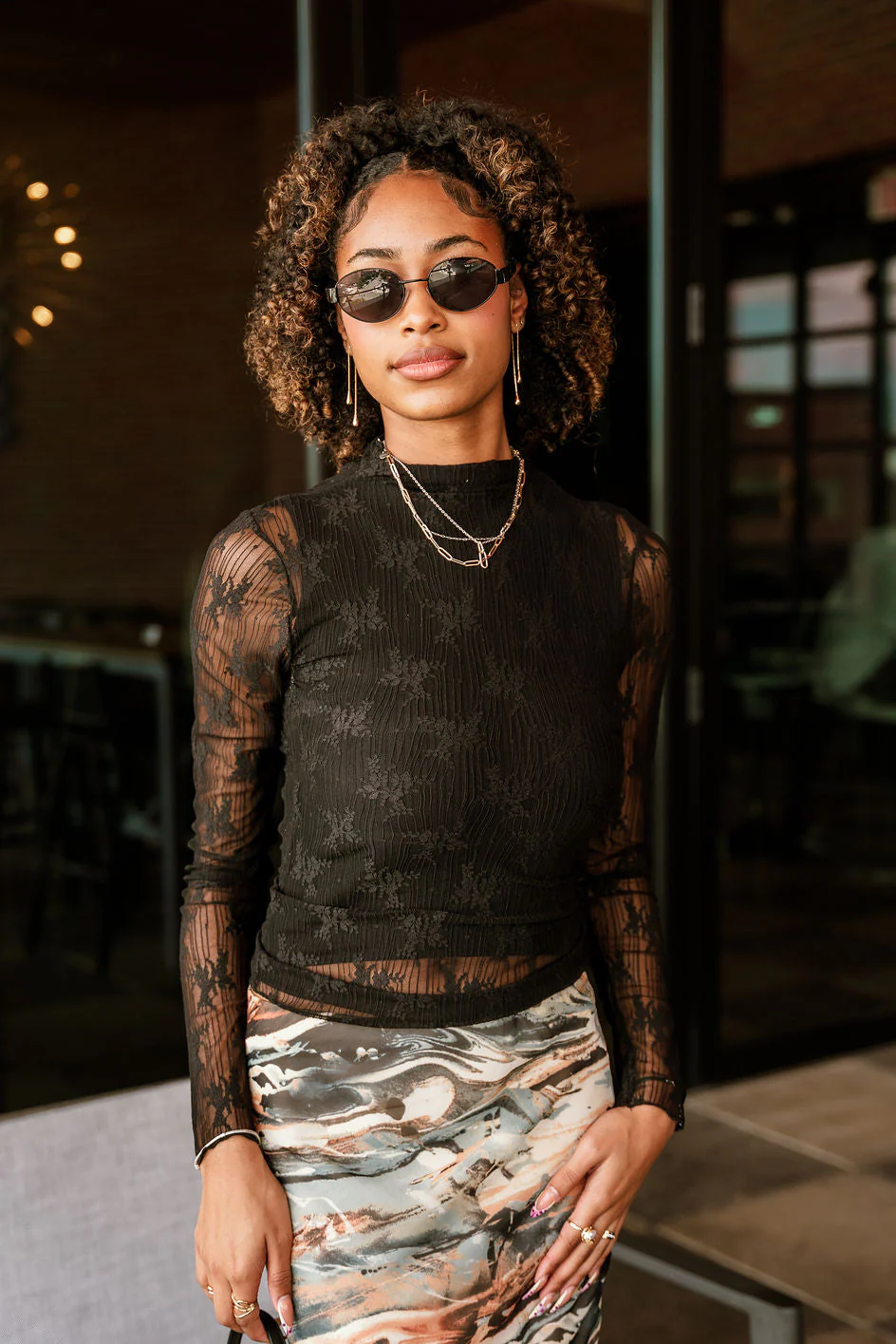 Mischa Black Floral Long Sleeve Mesh Top