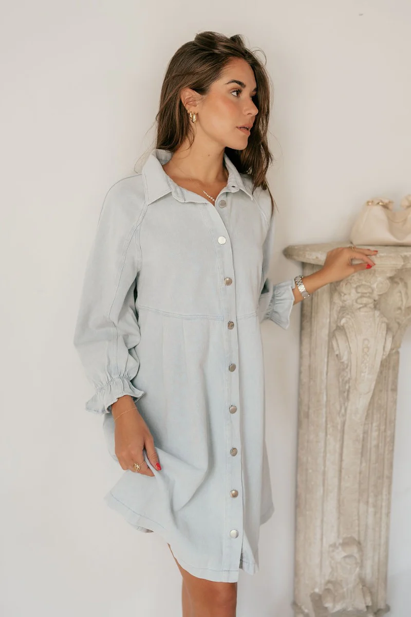 Misty Light Blue Denim Button-Up Collared Neckline Dress