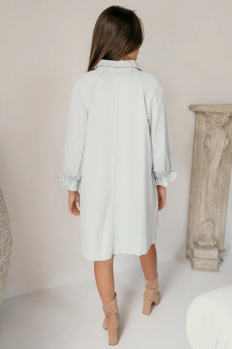 Misty Light Blue Denim Button-Up Collared Neckline Dress - Image 10
