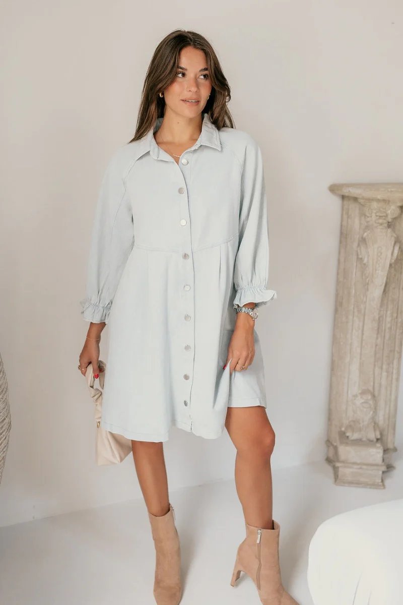 Misty Light Blue Denim Button-Up Collared Neckline Dress - Image 3