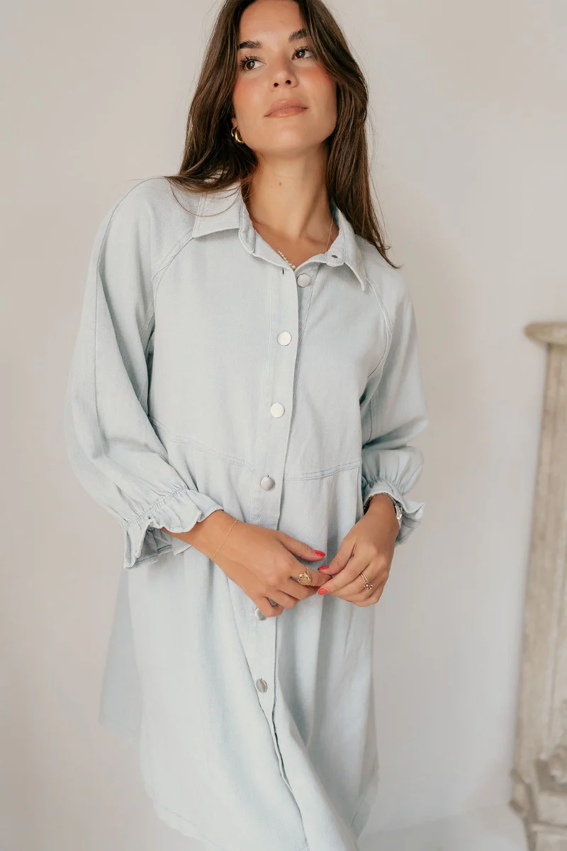 Misty Light Blue Denim Button-Up Collared Neckline Dress - Image 4