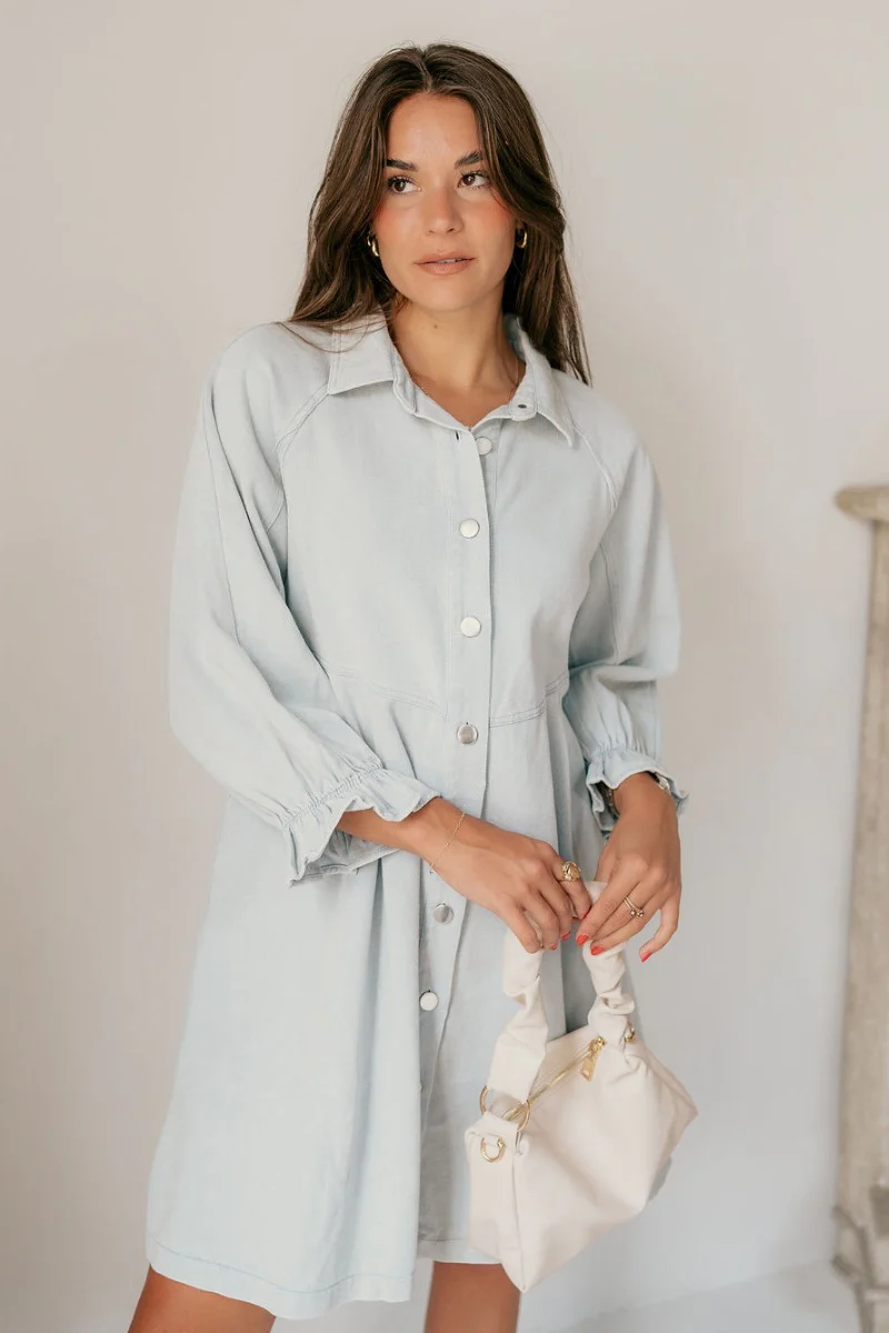 Misty Light Blue Denim Button-Up Collared Neckline Dress - Image 5