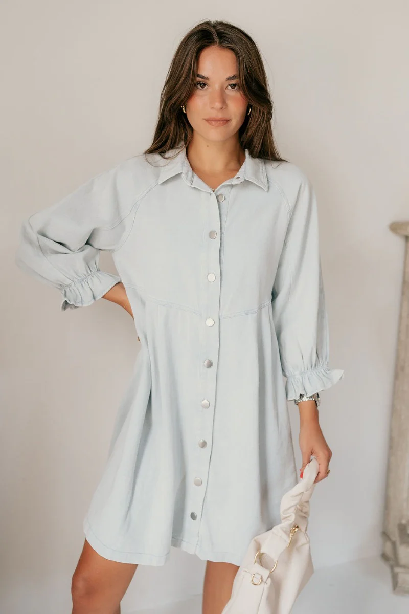 Misty Light Blue Denim Button-Up Collared Neckline Dress - Image 6