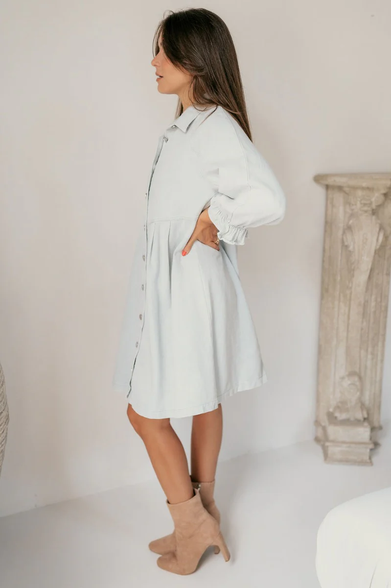 Misty Light Blue Denim Button-Up Collared Neckline Dress - Image 7
