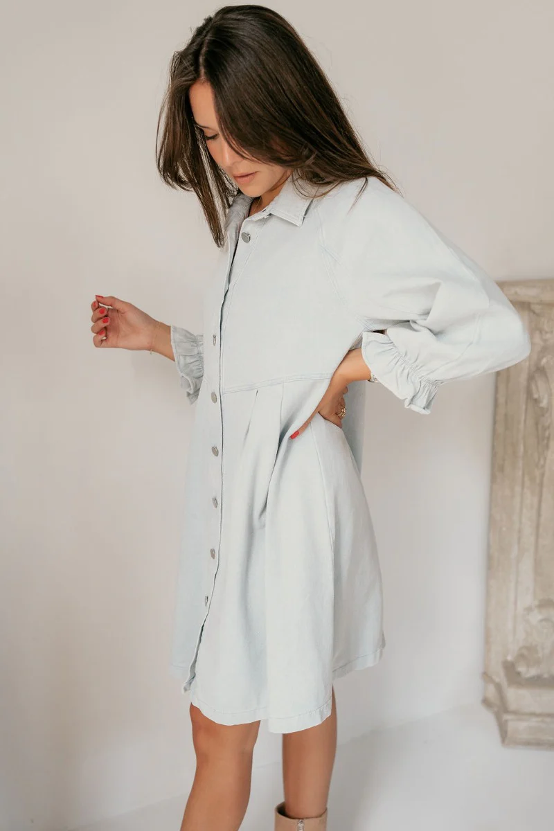 Misty Light Blue Denim Button-Up Collared Neckline Dress - Image 8