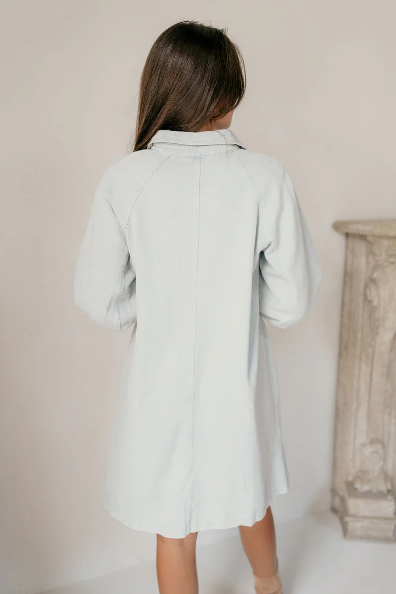 Misty Light Blue Denim Button-Up Collared Neckline Dress - Image 9