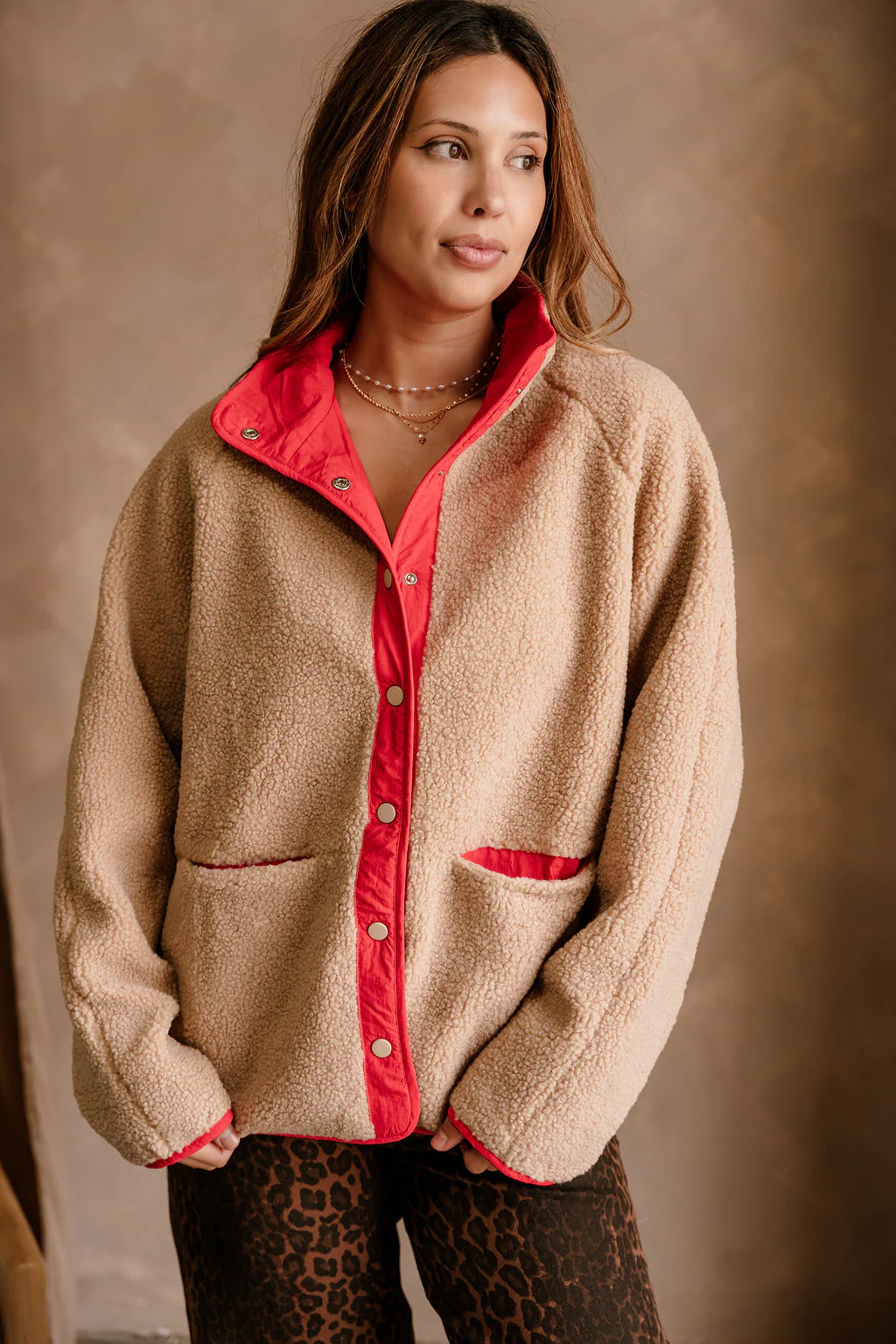 Margot Mocha Shearling & Red Jacket - Image 2