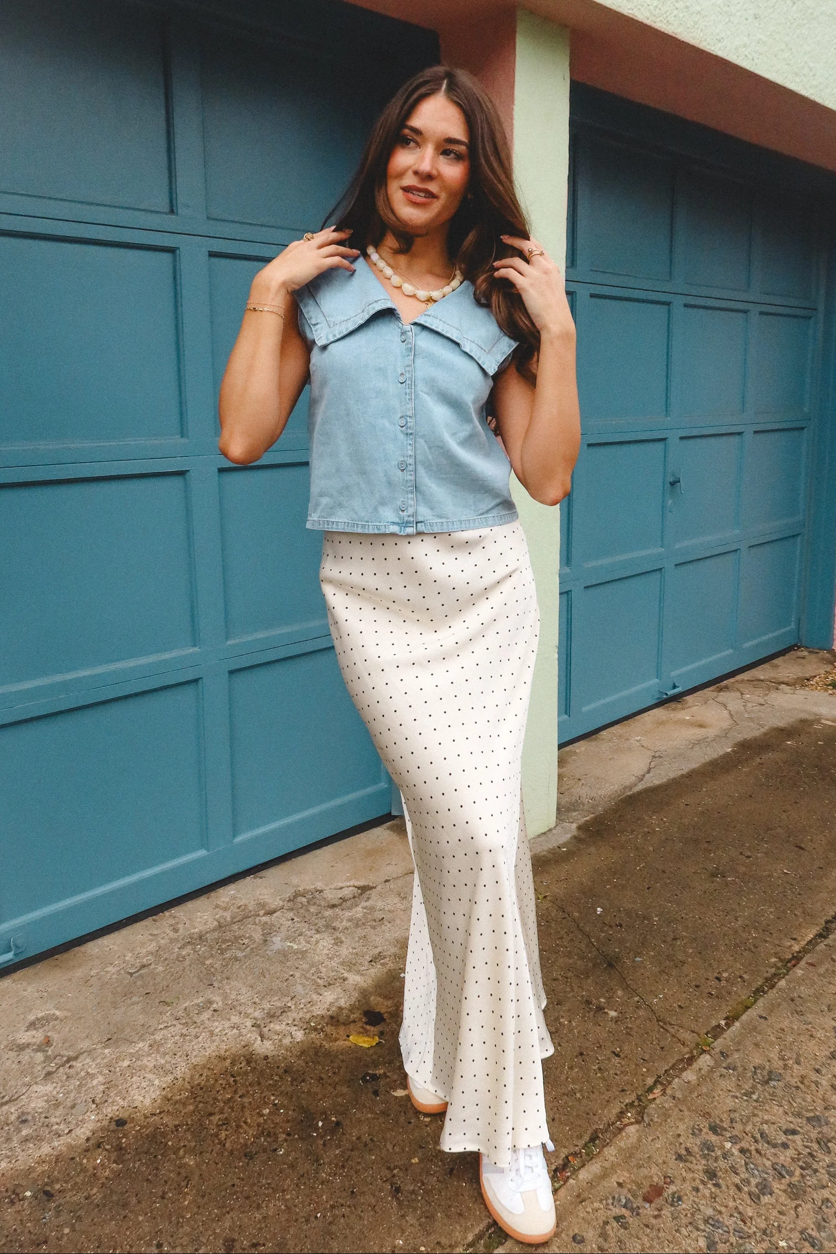 Molly Cream Polka Dot Satin Maxi Skirt - Image 2
