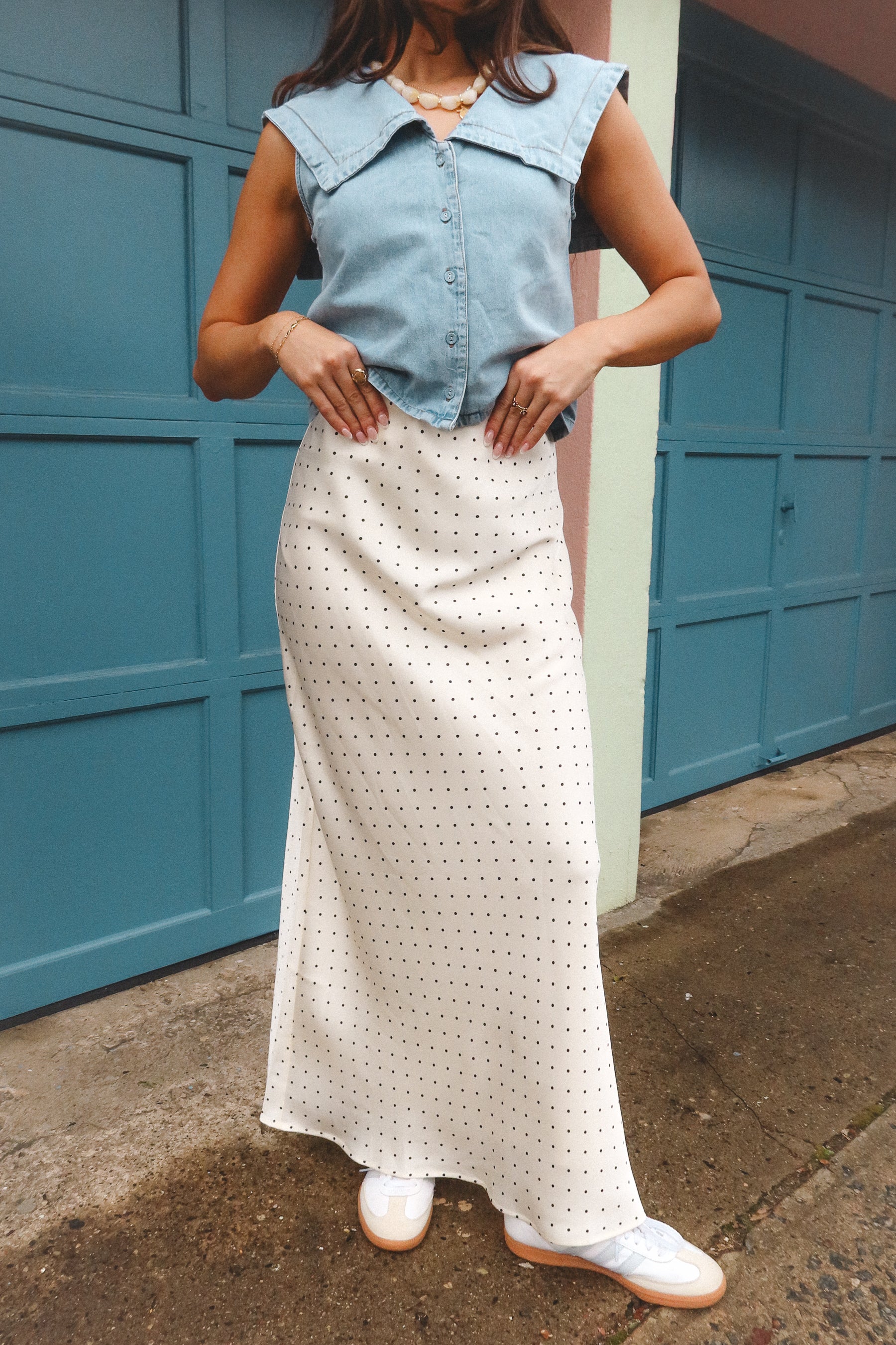 Molly Cream Polka Dot Satin Maxi Skirt - Image 3