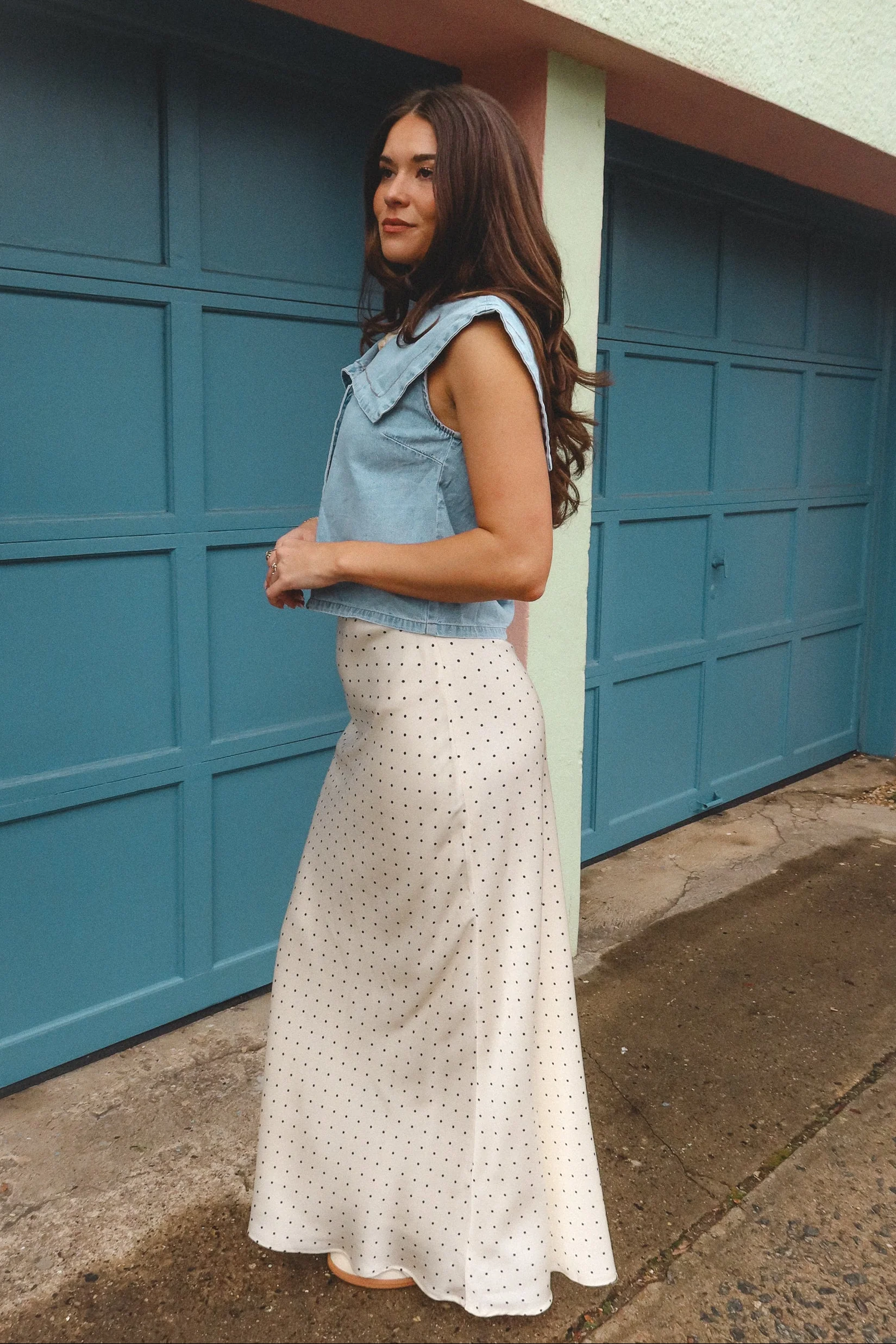 Molly Cream Polka Dot Satin Maxi Skirt - Image 4