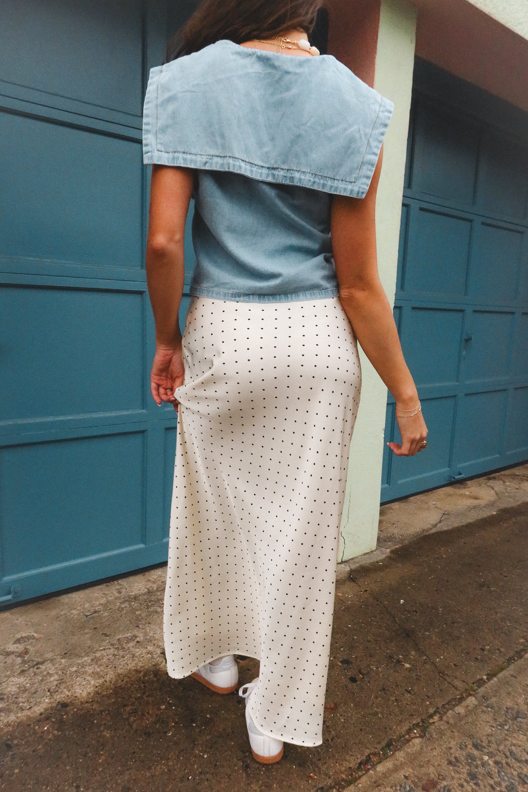 Molly Cream Polka Dot Satin Maxi Skirt - Image 6