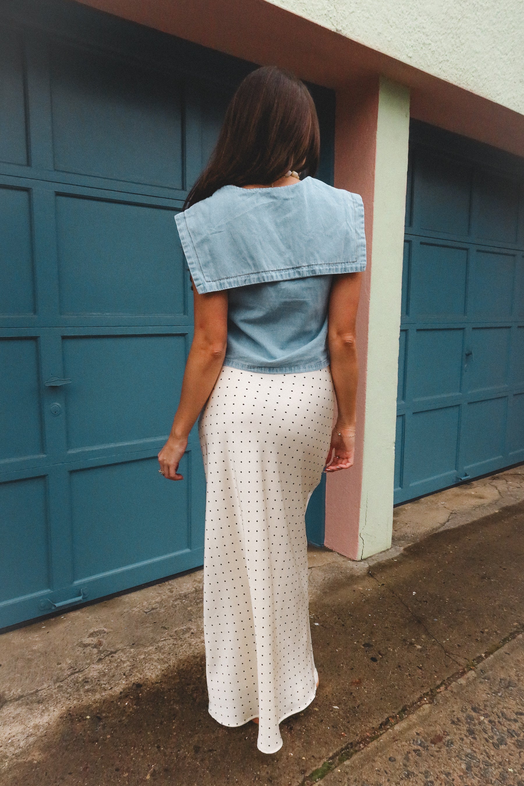 Molly Cream Polka Dot Satin Maxi Skirt - Image 7