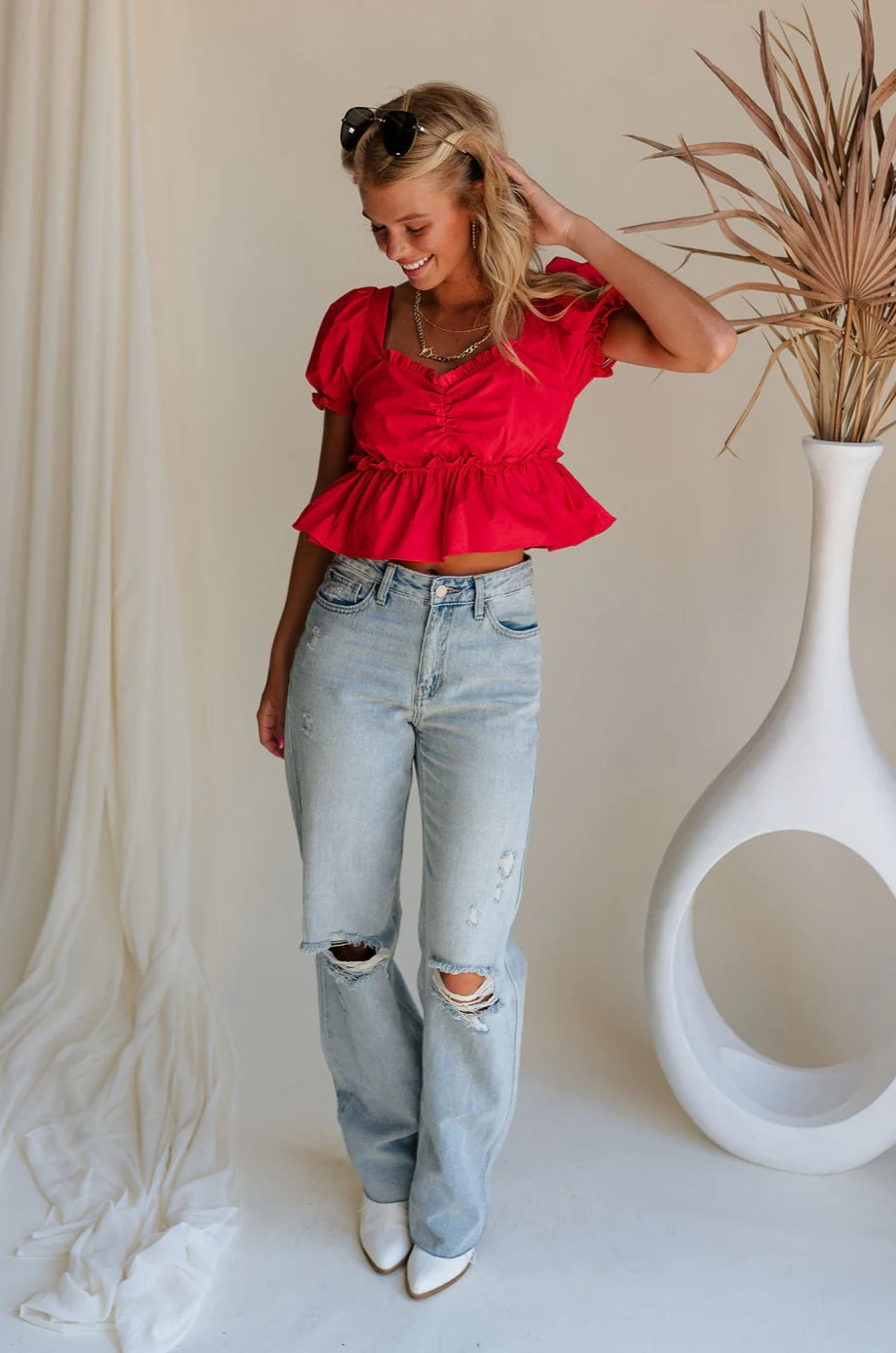 Monet Red Puff Sleeve Crop Top - Image 2