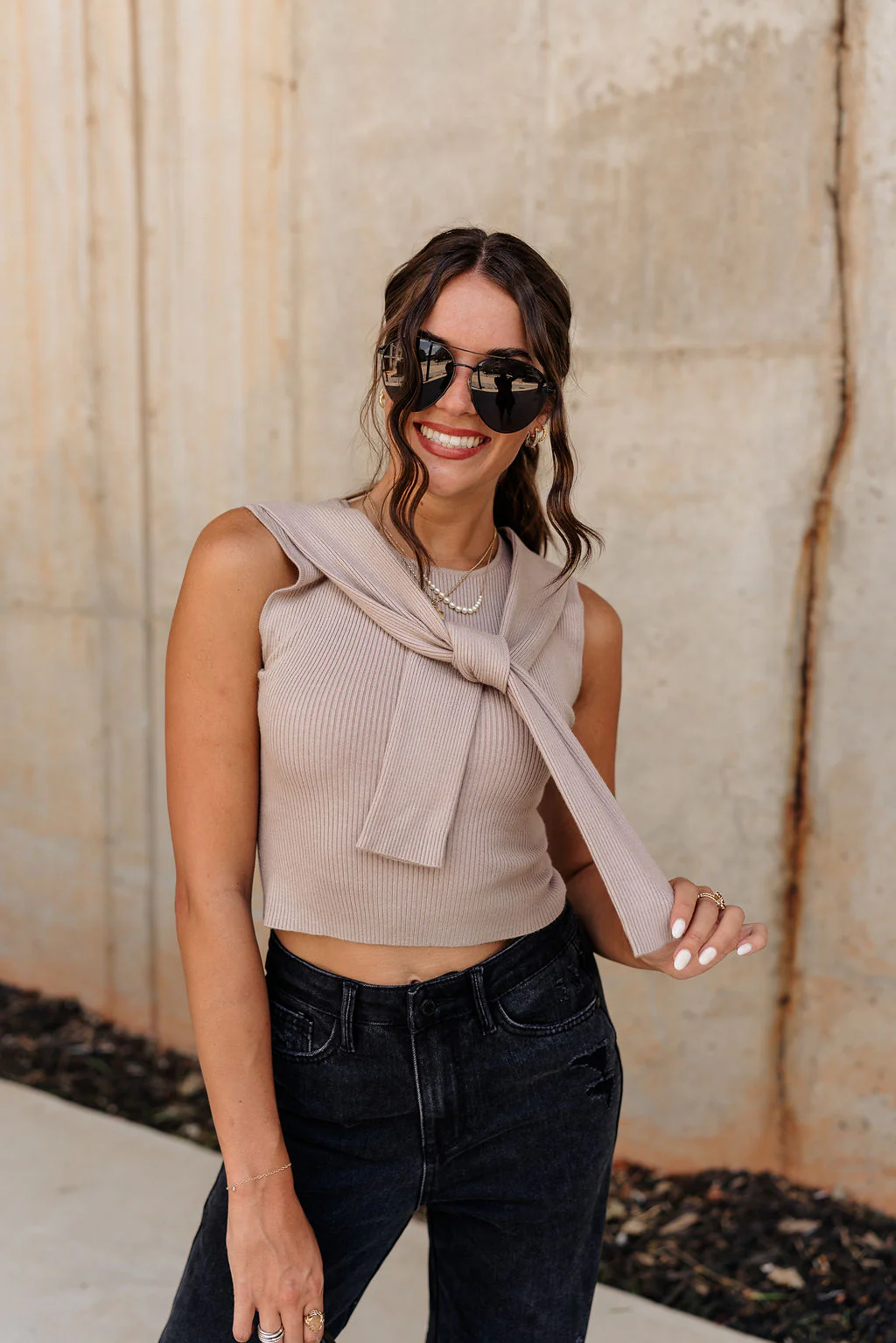 Monica Taupe Sleeveless Tie Sweater - Image 3