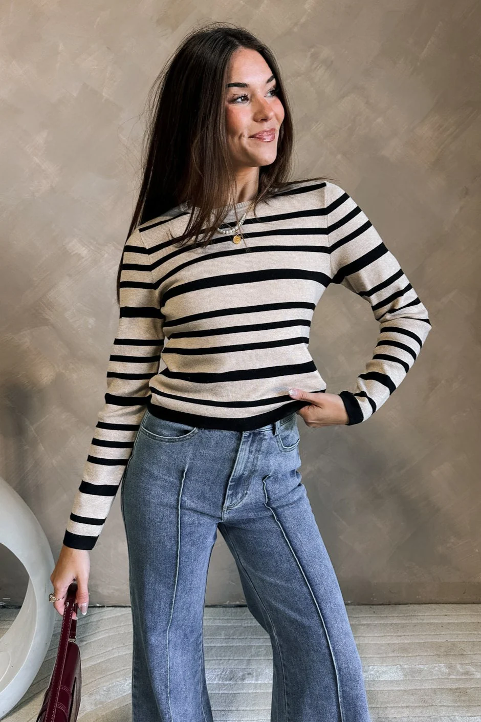 Melissa Black & Oatmeal Stripe Knit Top