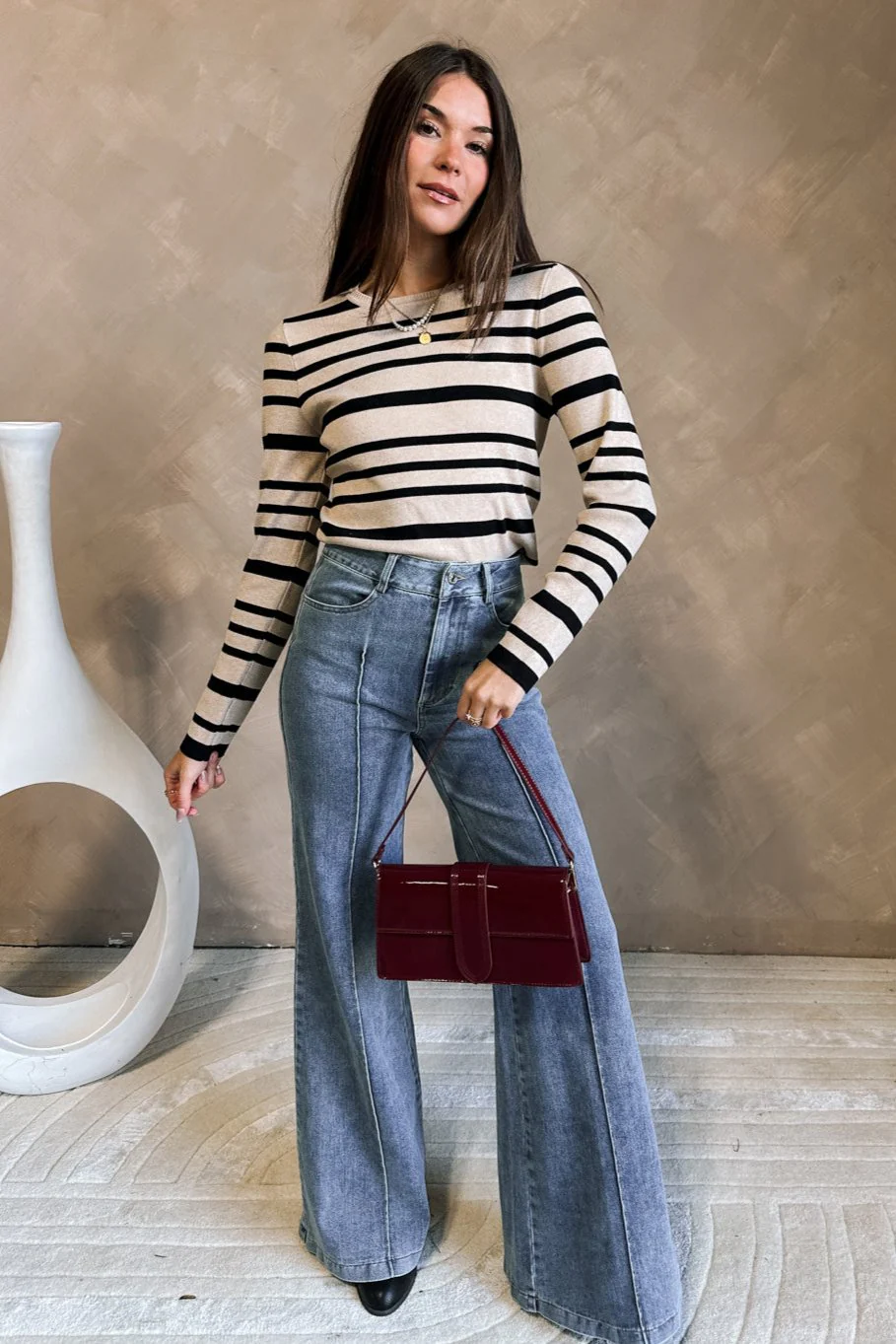 Melissa Black & Oatmeal Stripe Knit Top - Image 2