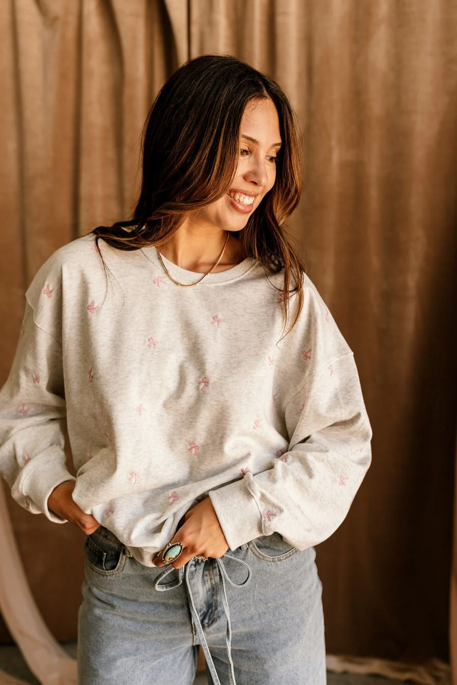 Lila Heather Grey & Pink Bows Sweatshirt