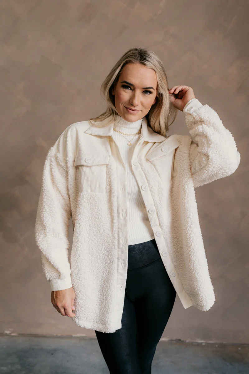 Myla Cream Sherpa & Corduroy Shacket - Image 3