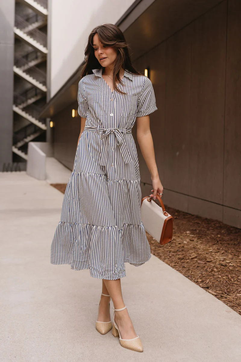Myla Ivory & Navy Stripe Tie Midi Dress