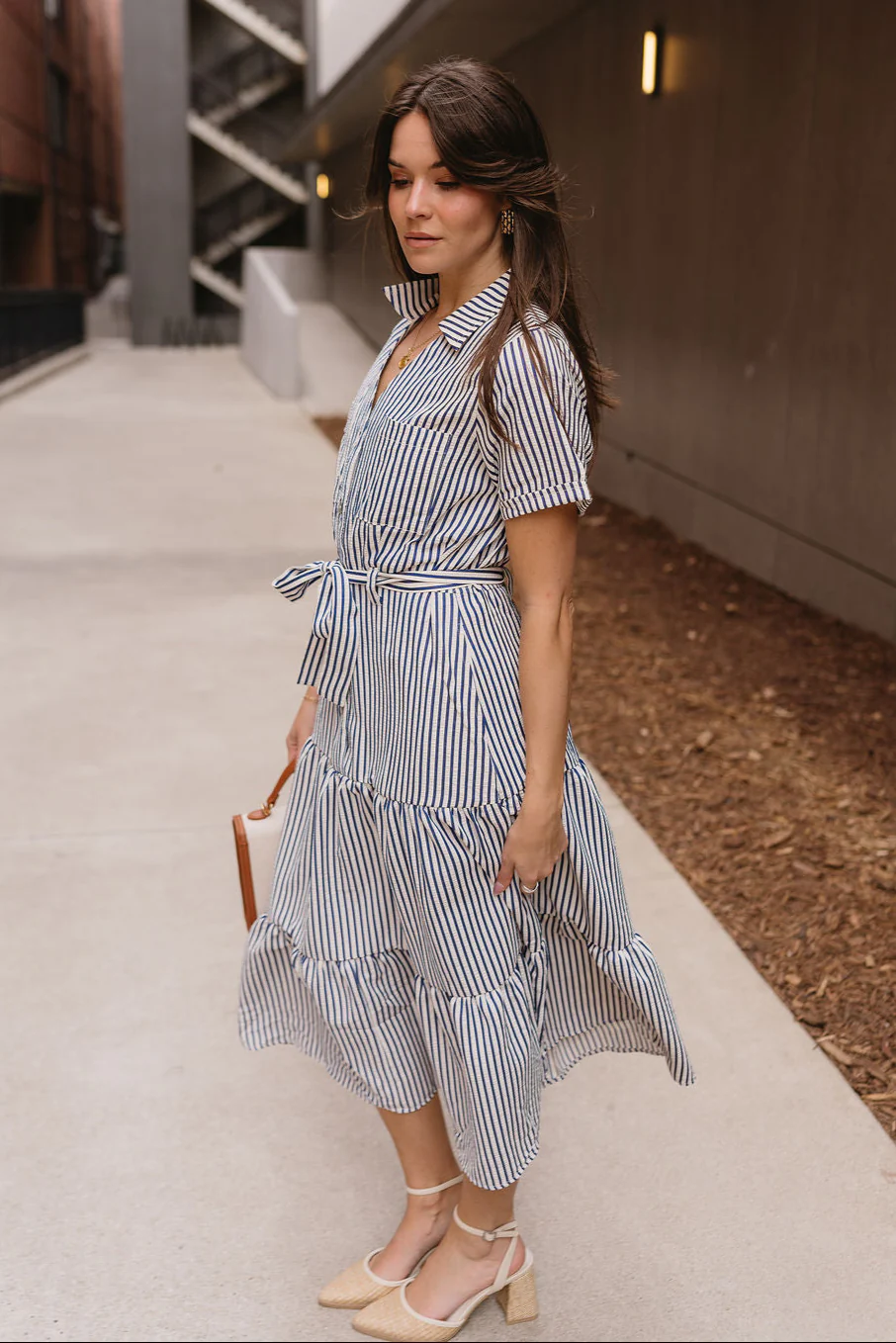 Myla Ivory & Navy Stripe Tie Midi Dress - Image 2