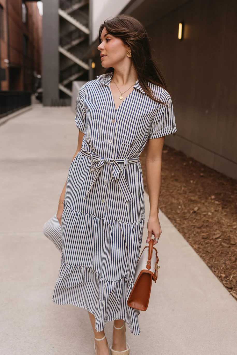 Myla Ivory & Navy Stripe Tie Midi Dress - Image 4