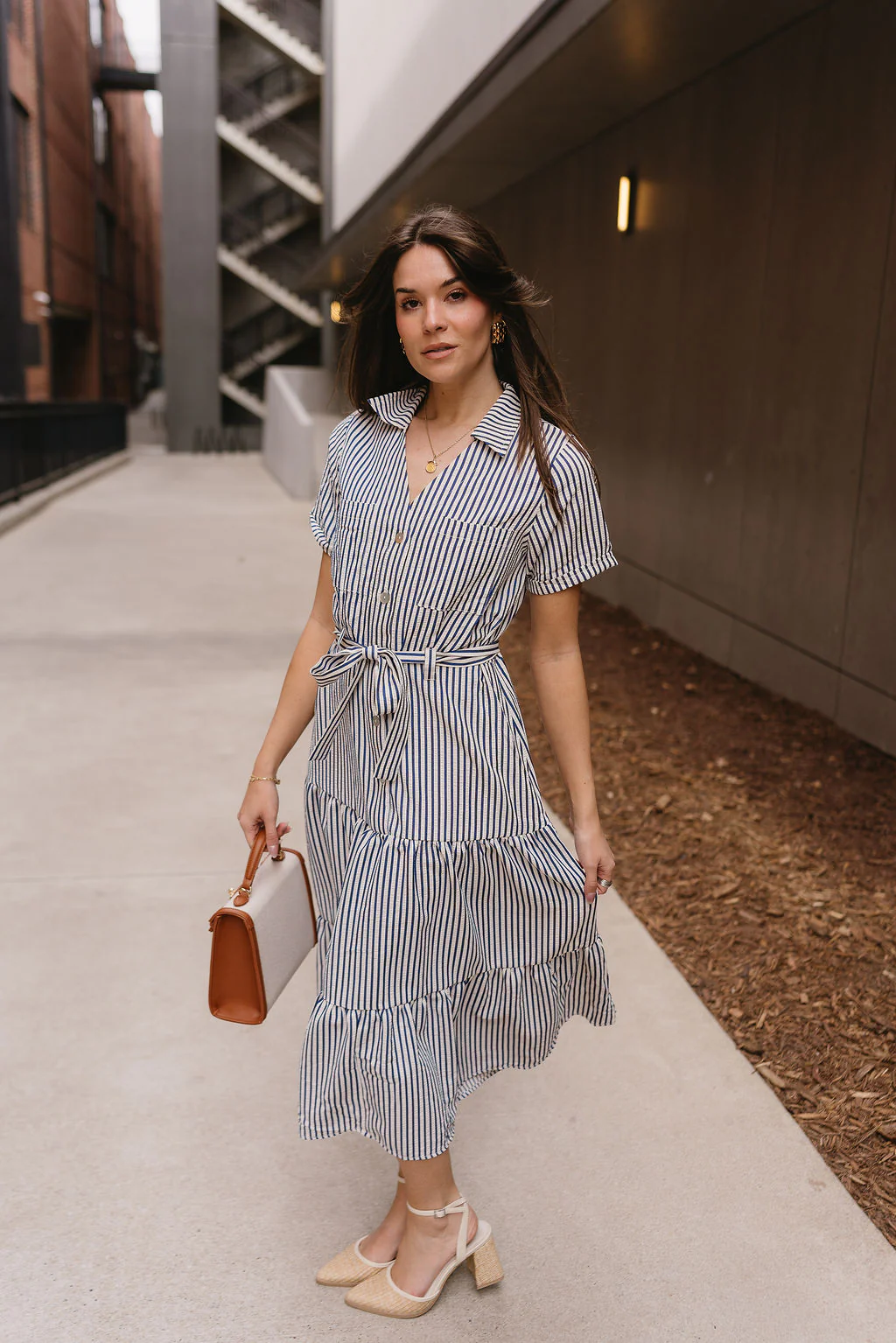 Myla Ivory & Navy Stripe Tie Midi Dress - Image 5