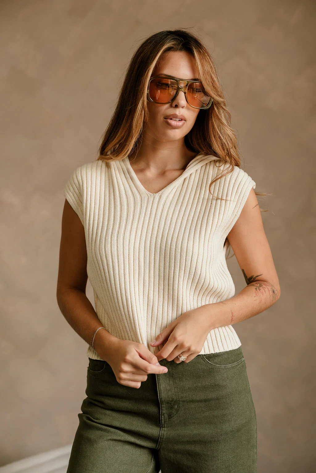 Myra Cream Knit Hoodie Vest