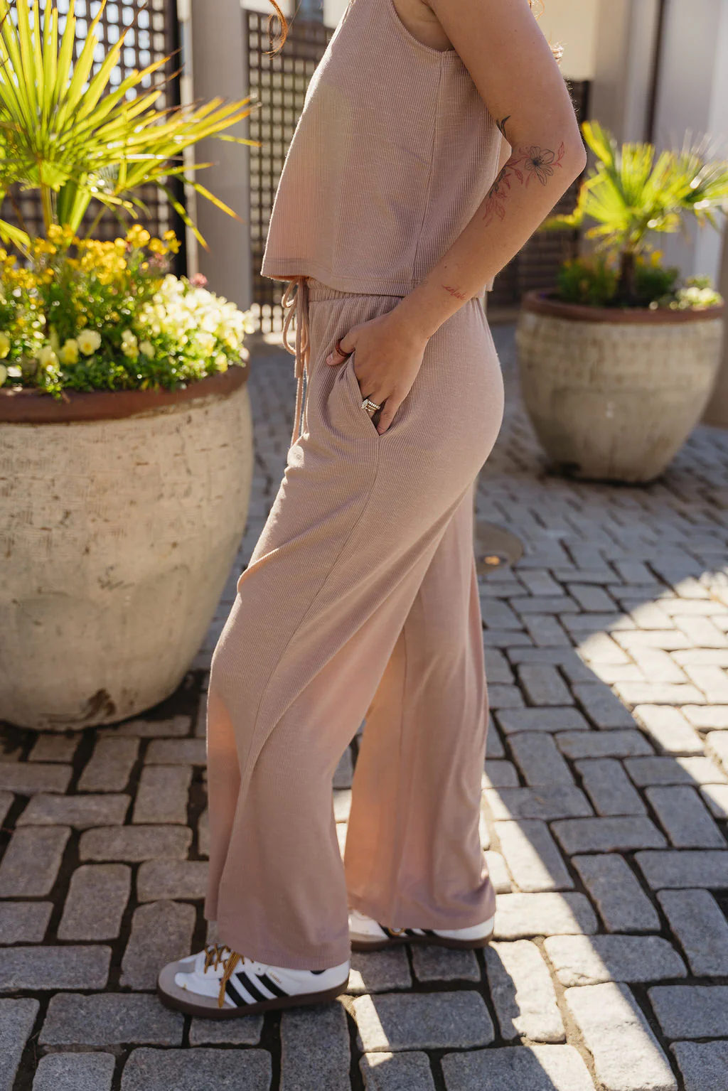 Myra Dark Taupe Ribbed Wide Leg Pants - Image 6