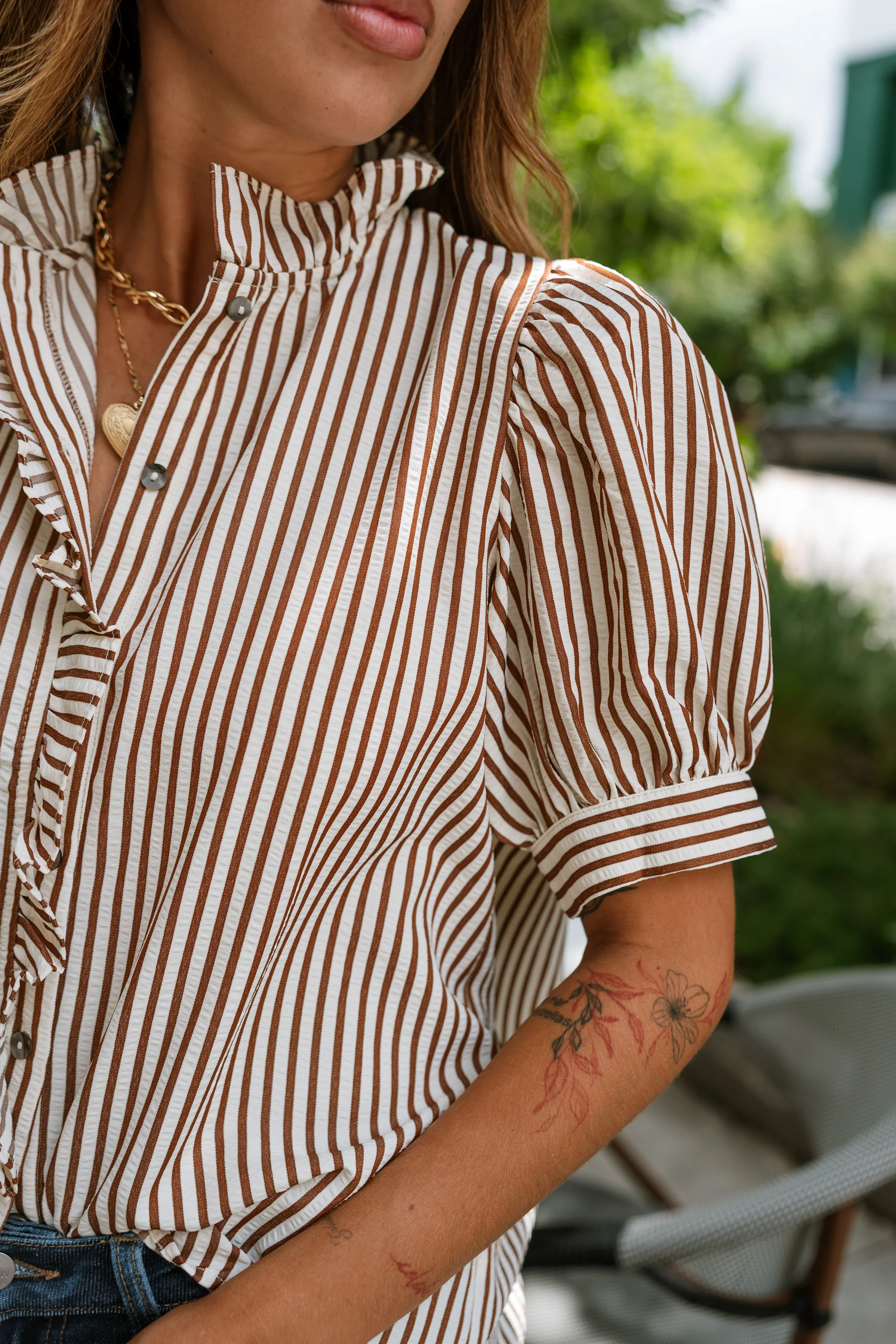 Nadia Brown & Cream Striped Puff Sleeve Top - Image 3
