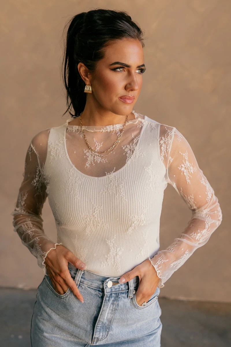 Nadia Cream Lace Long Sleeve Top - Image 3