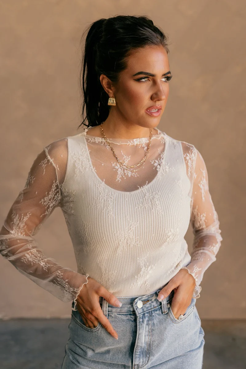Nadia Cream Lace Long Sleeve Top - Image 4