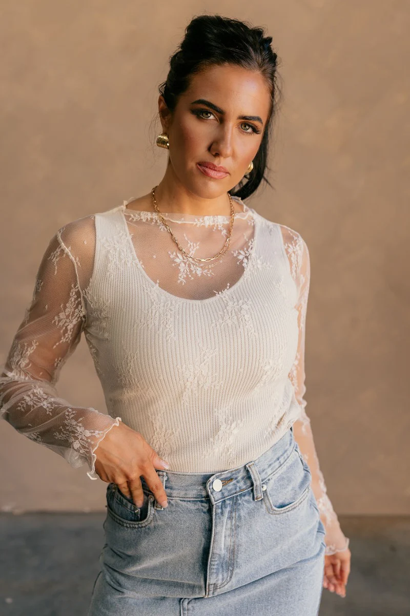 Nadia Cream Lace Long Sleeve Top - Image 5