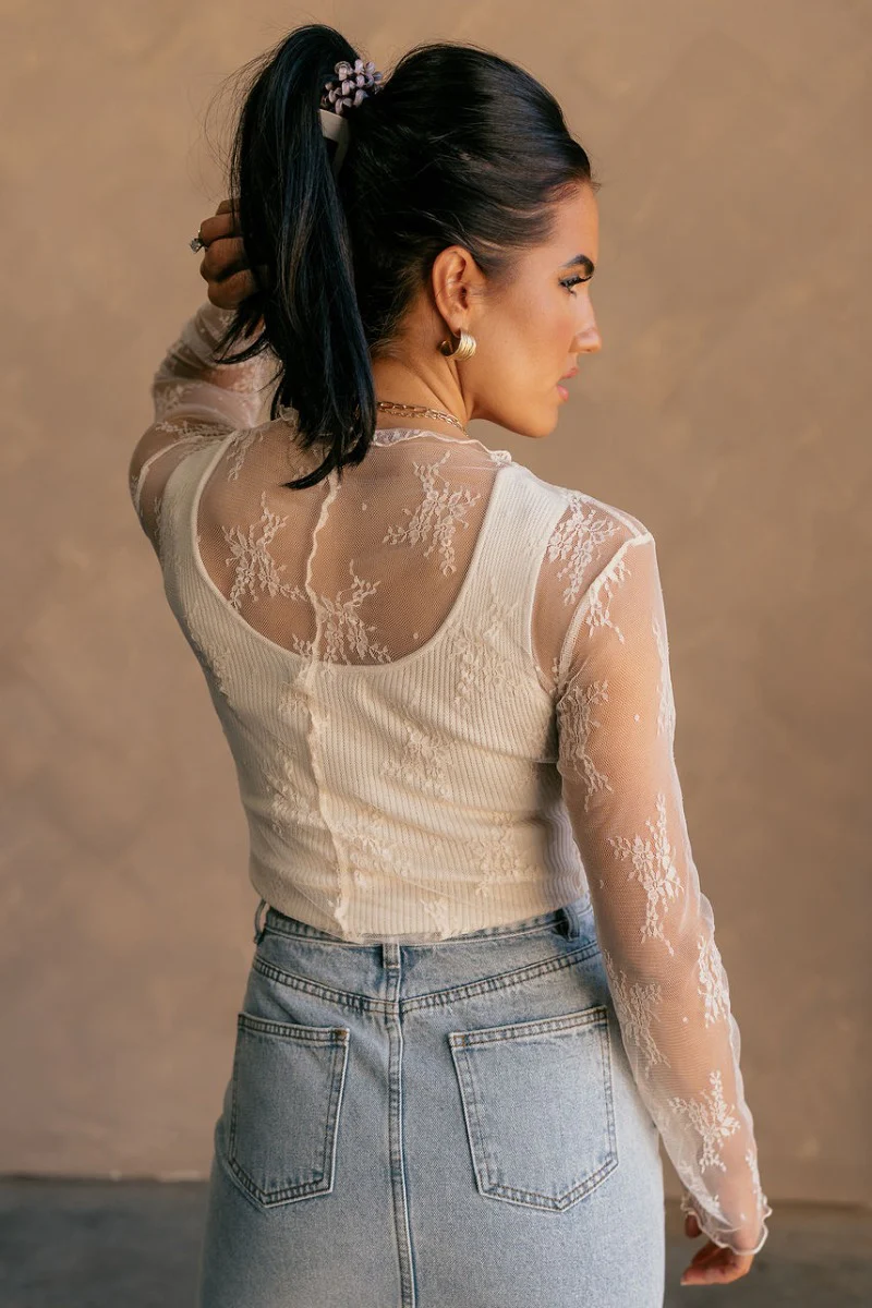 Nadia Cream Lace Long Sleeve Top - Image 9
