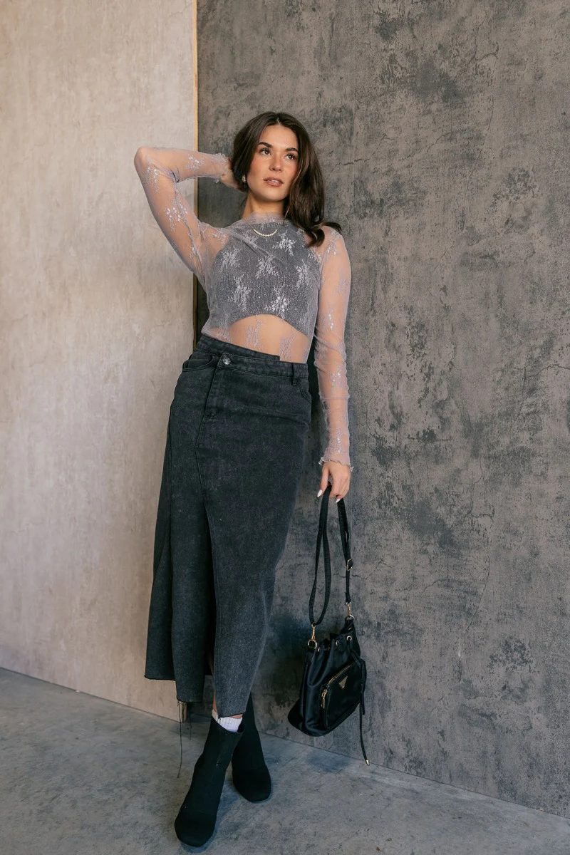 Nadia Grey Lace Long Sleeve Top - Image 2