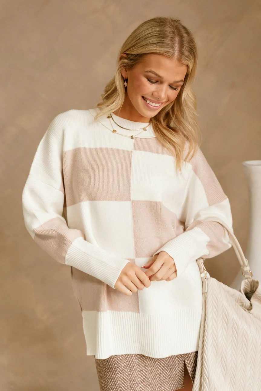 Nadia White & Taupe Checkered Sweater - Image 10