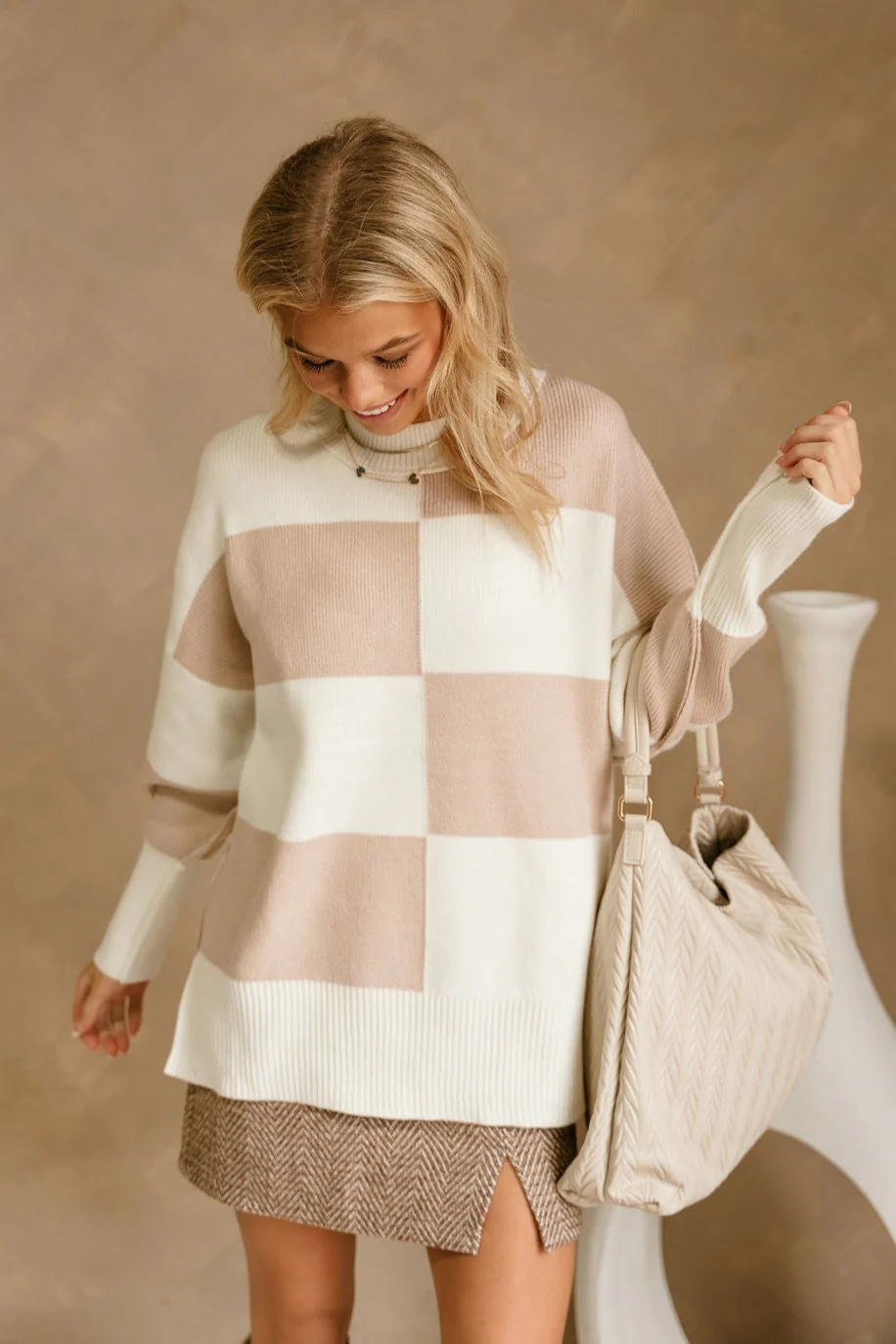 Nadia White & Taupe Checkered Sweater - Image 2