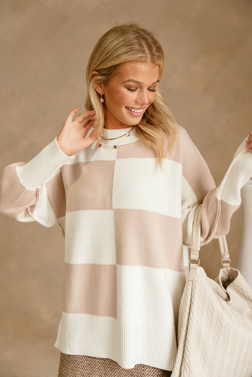 Nadia White & Taupe Checkered Sweater - Image 3