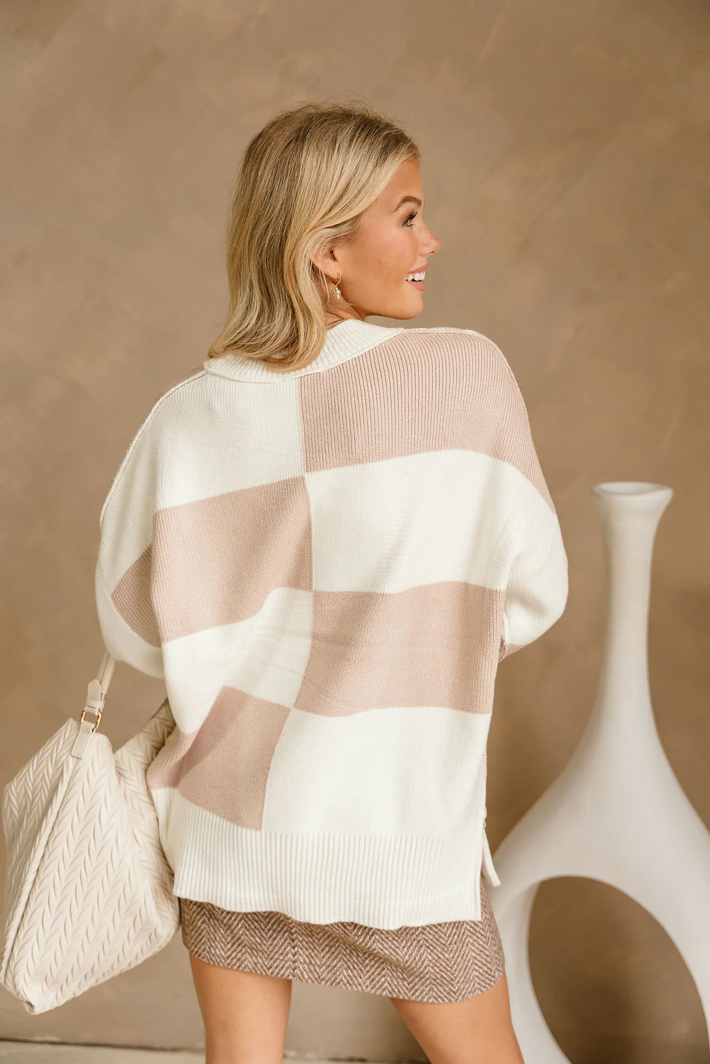 Nadia White & Taupe Checkered Sweater - Image 7