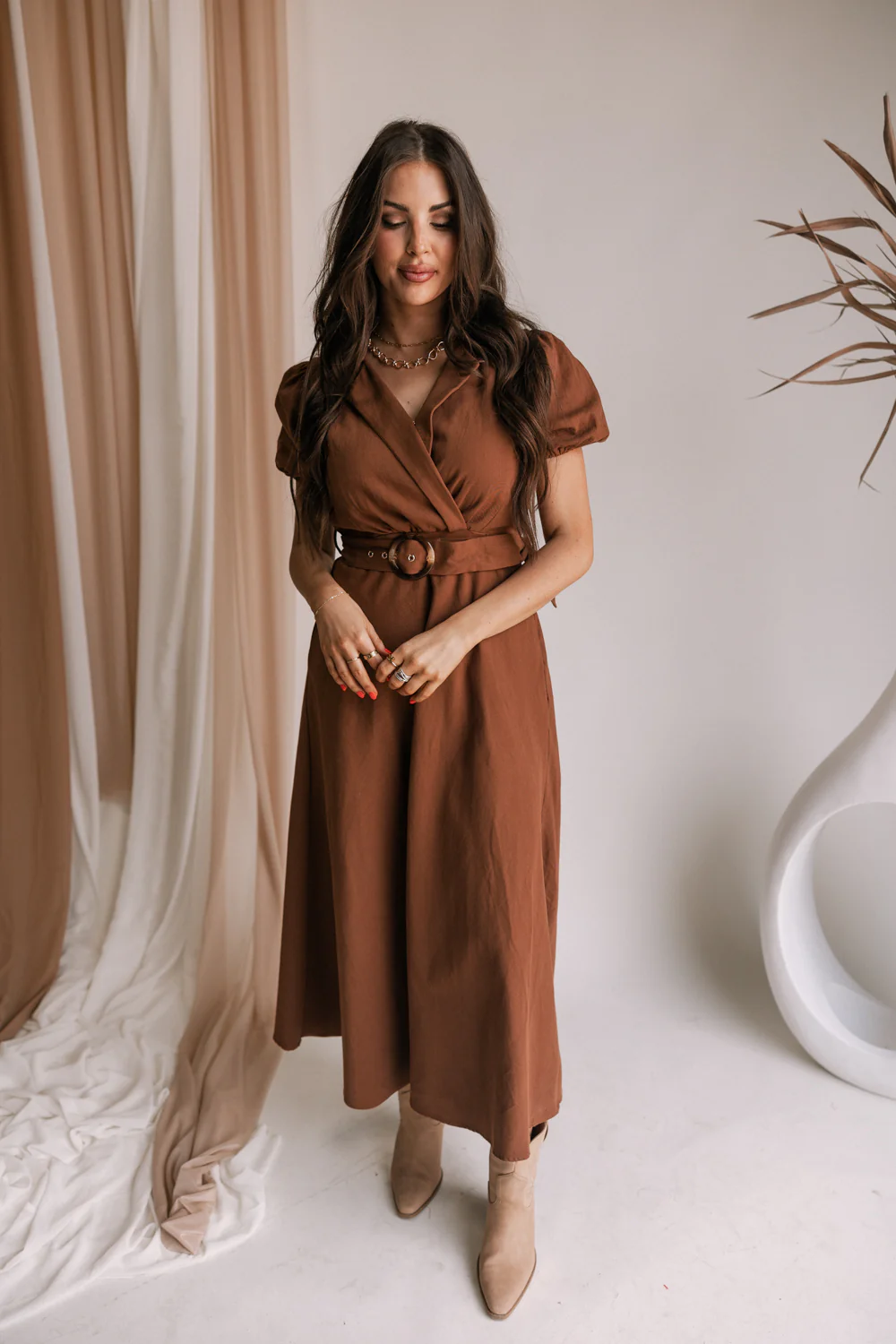 Nancy Brown Belted Midi Dress