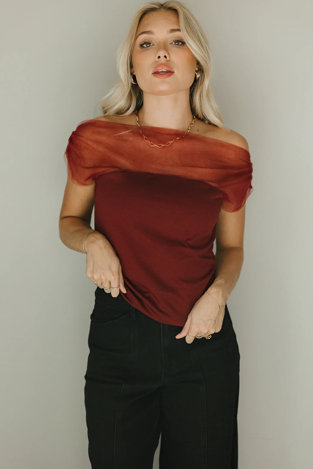 Naomi Burgundy Off-The-Shoulder Top