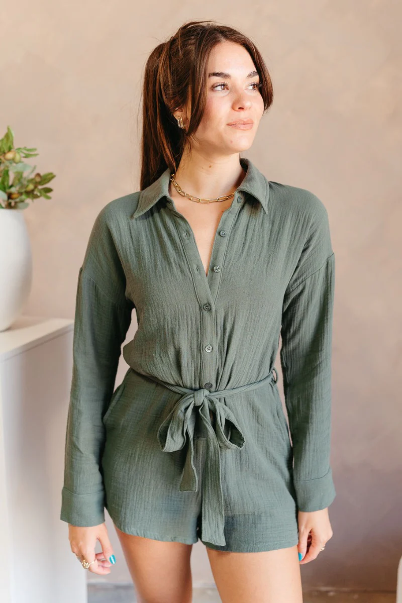 Naomi Dark Green Long Sleeve Romper