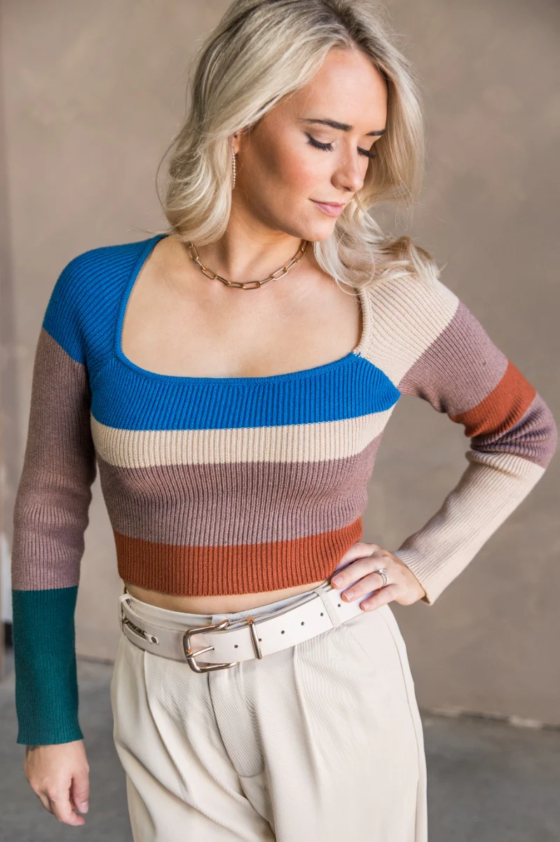 Natalie Blue Multi Cropped Long Sleeve Top